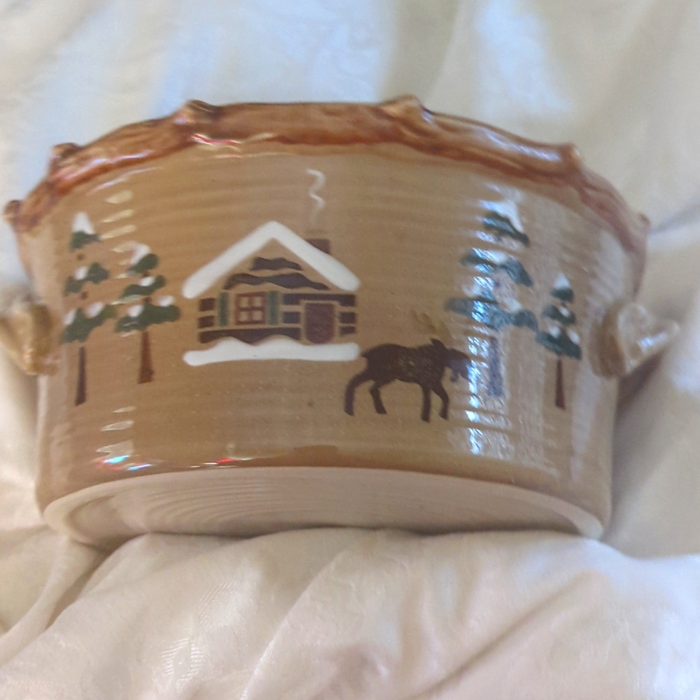 NWOT Sonoma Lodge Rustic All Purpose bowl 10 1/4 wide w/handles tan, brown,green